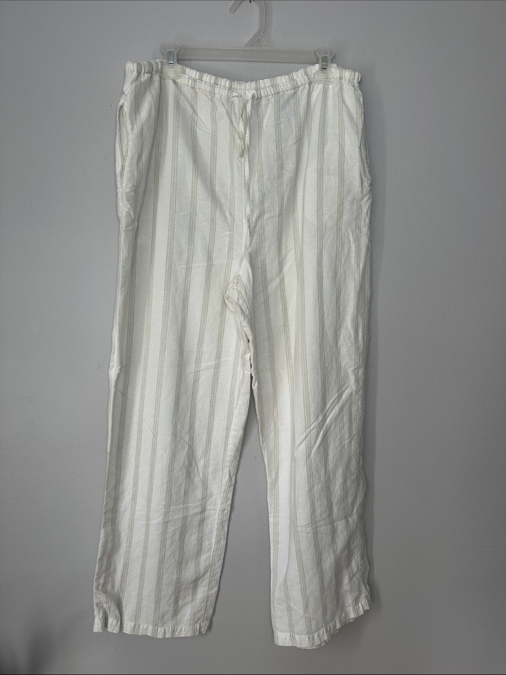 Linen Blend Lightweight Off White Beige Stripe Drawstring Pants size L